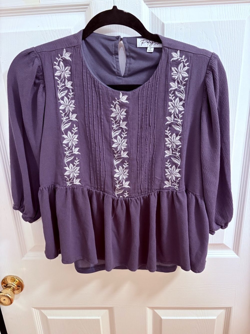 Polygram Embroidered Pintuck Peplum Blouse, the color is gray